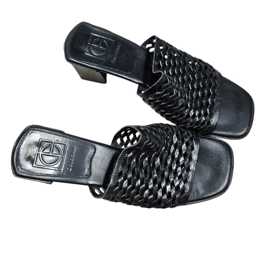 Cole Haan Woven Leather Mules Block Heel Slides Black Size 6B - Picture 2 of 12